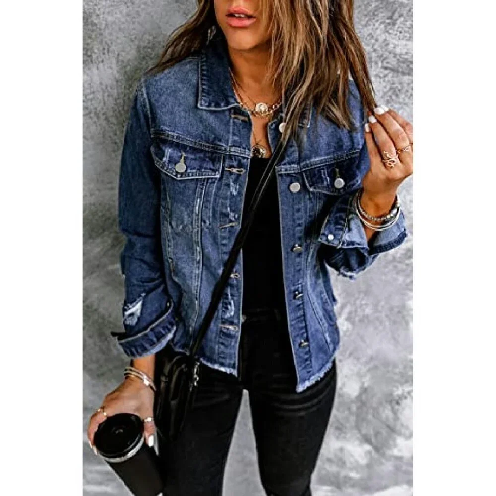 Distressed Denim Jacket Boyfriend Fit Cotton Blend Long Sleeve Button Up